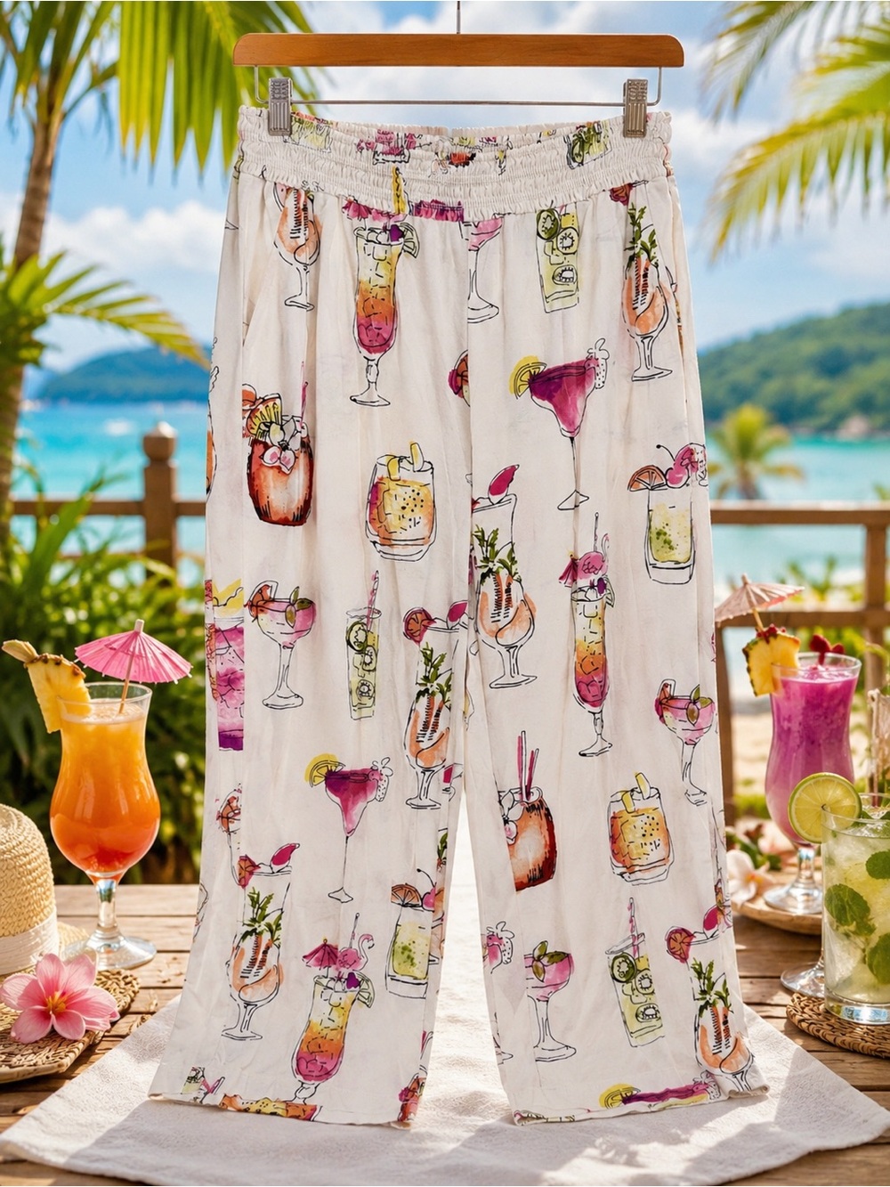 Soma Cool Nights XS Cocktail Print Capri Pajama Lounge Pants Tropical Drinks